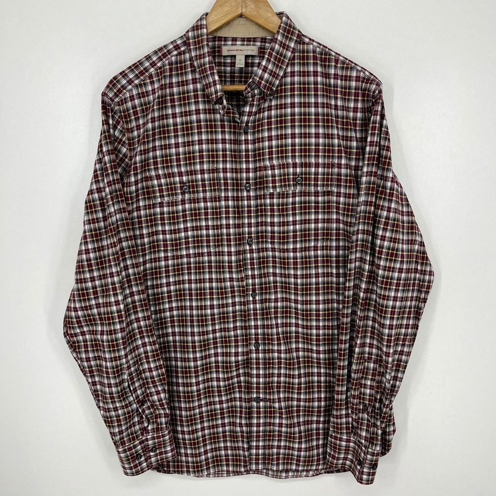 Banana Republic Heritage Mens Plaid‎ Button Down Shirt Burgundy Yellow Size M